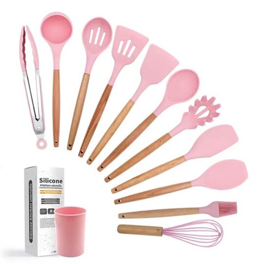 Virtuvės įrankiai ir laikymo indelis, 12 dalių, rožinė